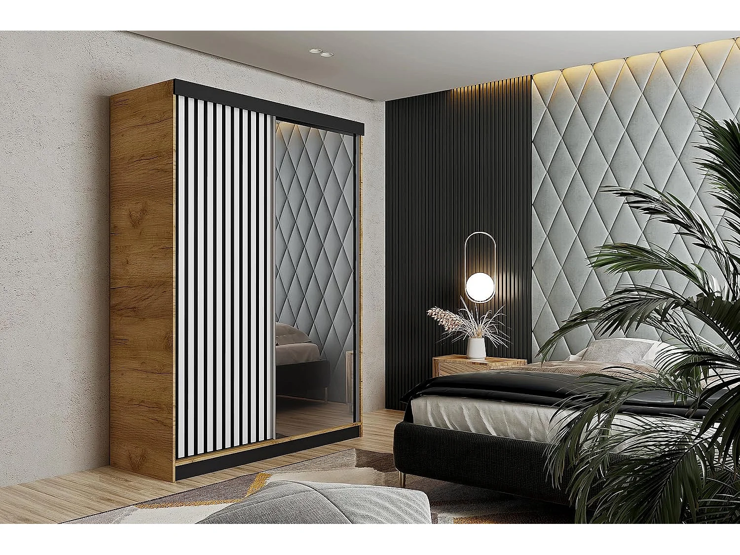 Szafa przesuwna z lustrem lamele MALANI 138 dąb craft złoty + biały