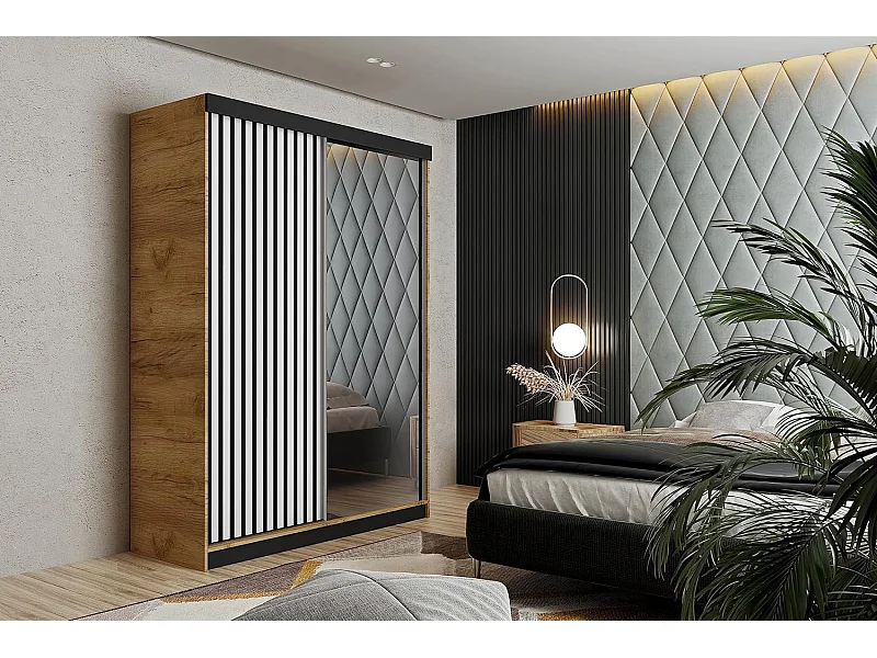 Szafa przesuwna z lustrem lamele MALANI 138 dąb craft złoty + biały