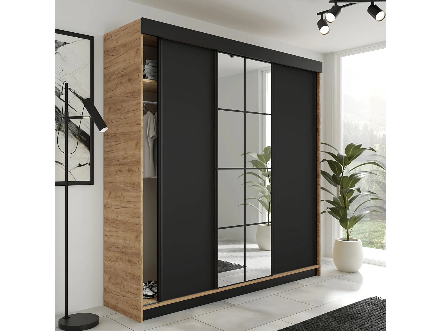 Armoire coulissante LAMARO 200 chêne Craft/noir