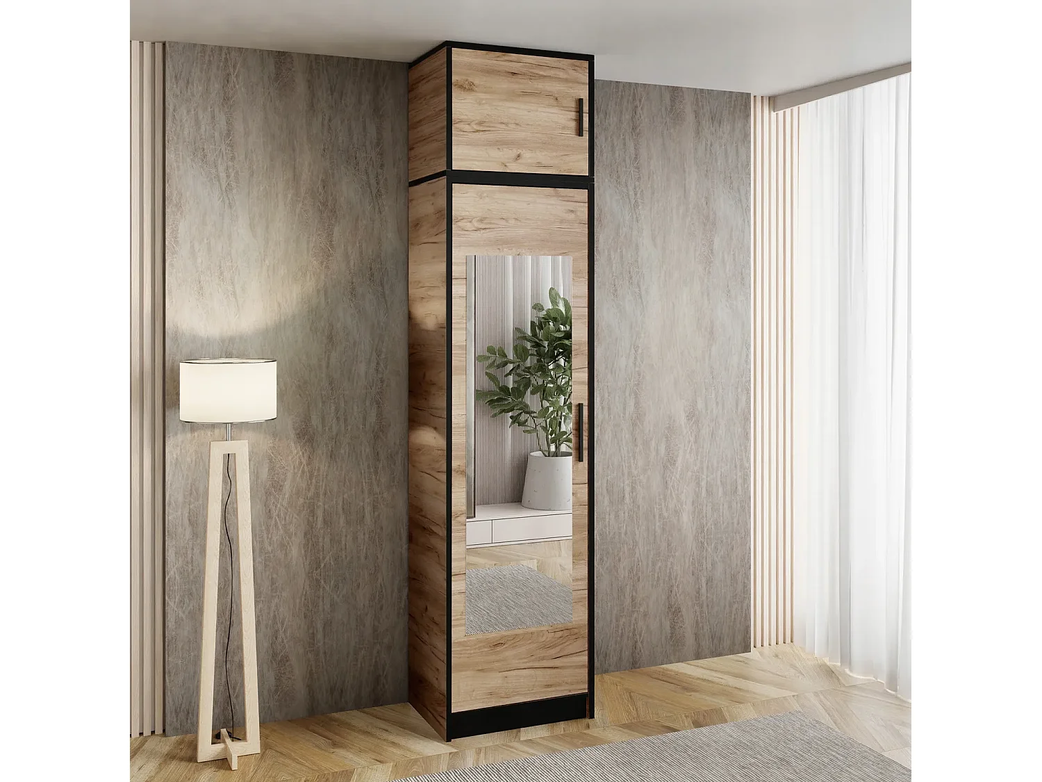 Armoire une porte DIOR chêne craft doré 1D avec surmeuble