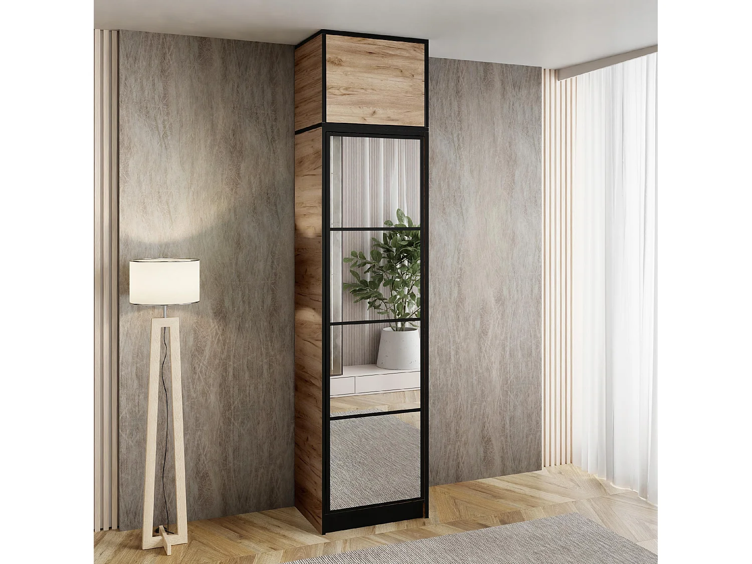 Armoire une porte avec miroir COSTA 1D CHÊNE CRAFT avec surmeuble