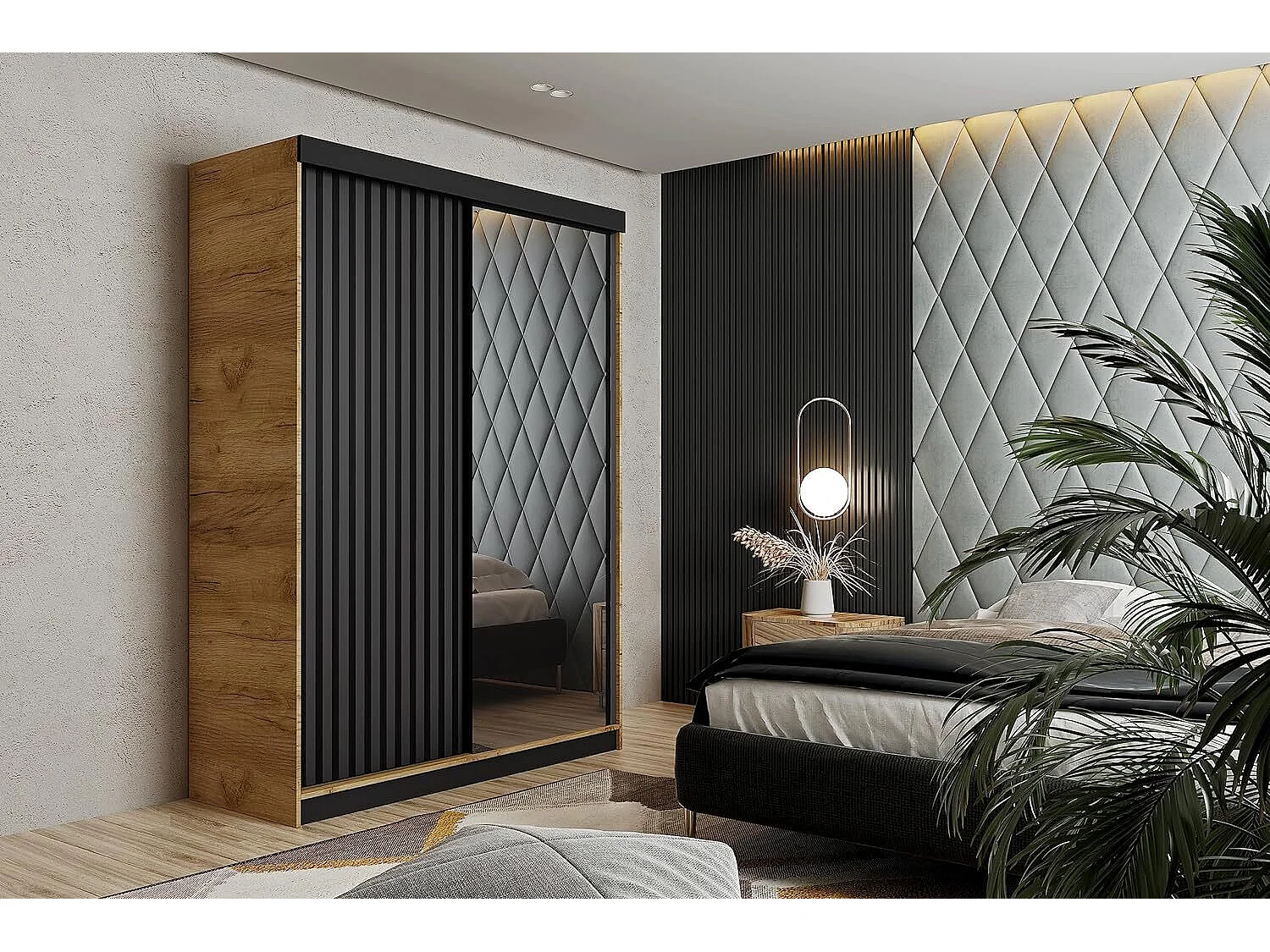 Armoire coulissante avec miroir et lames MALANI 138 - Chêne Craft Doré + Graphite