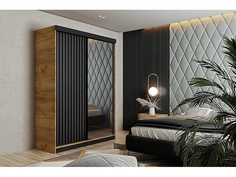 Armoire coulissante avec miroir et lames MALANI 138 - Chêne Craft Doré + Graphite