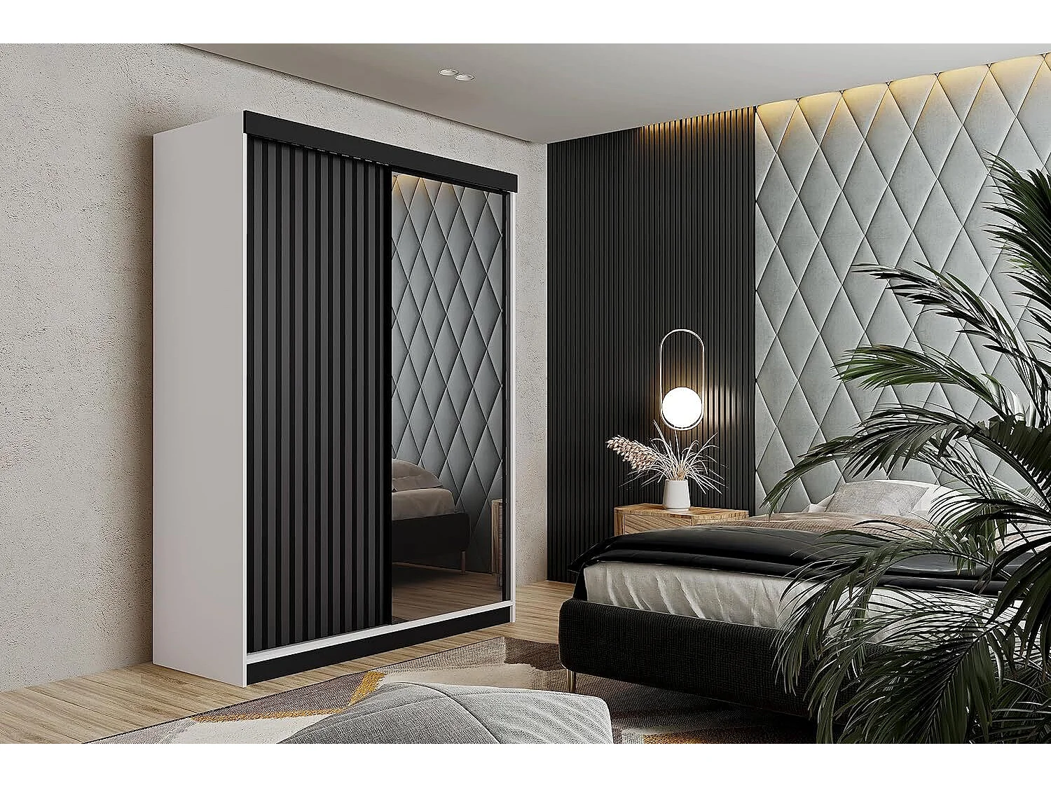 Armoire coulissante avec miroir et lames MALANI 138 - Blanche + Graphite