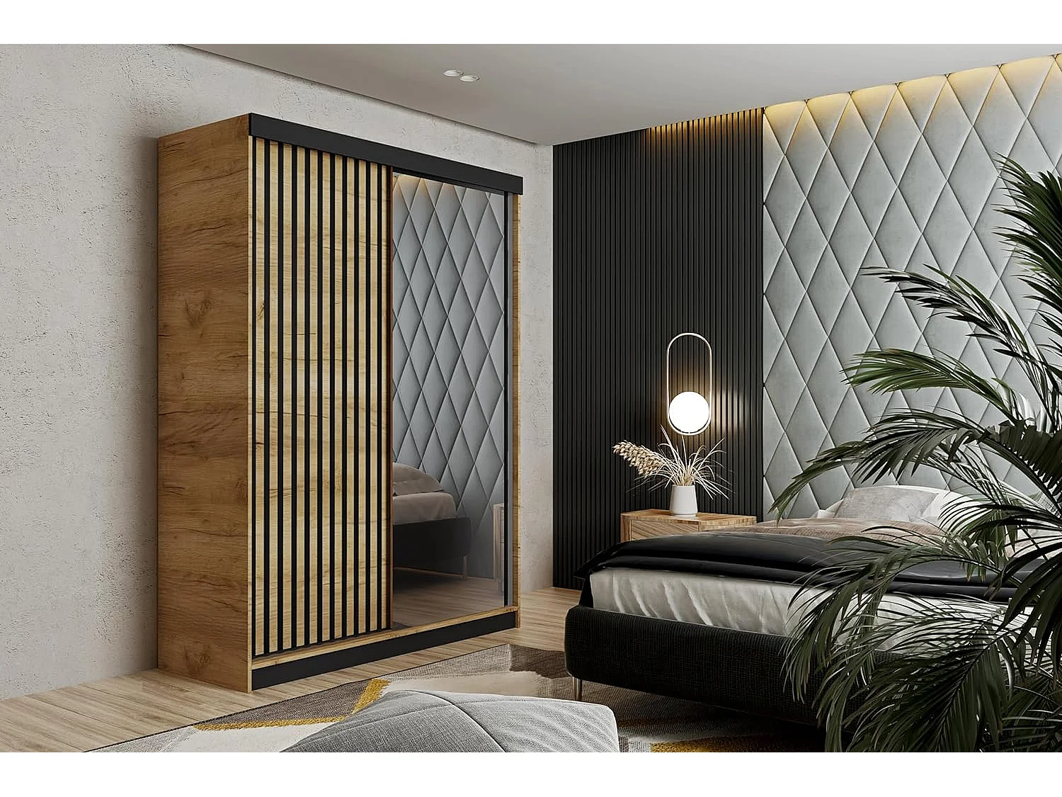 Armoire coulissante avec miroir et lames MALANI 138 - Blanche + Graphite