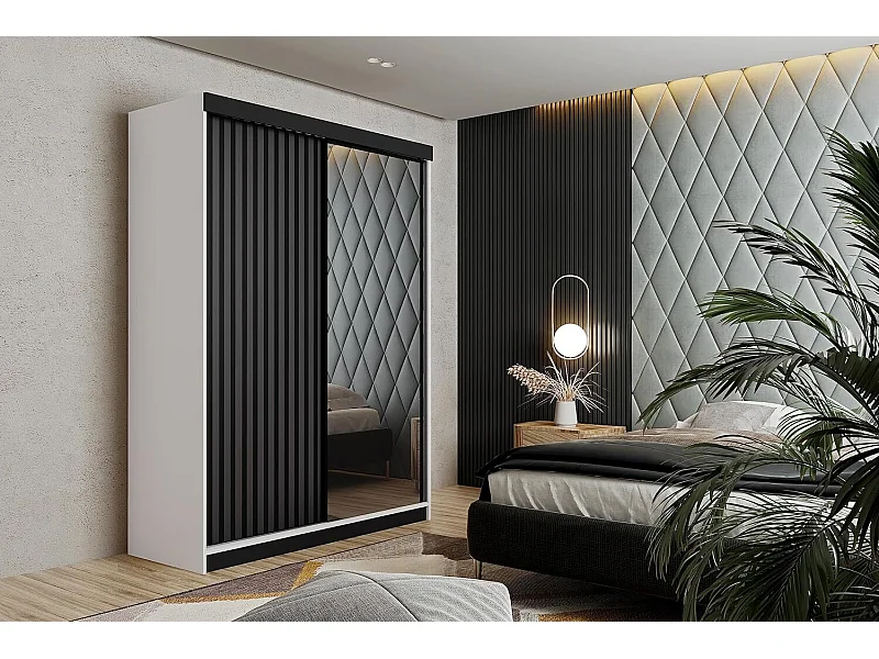 Armoire coulissante avec miroir et lames MALANI 138 - Blanche + Graphite