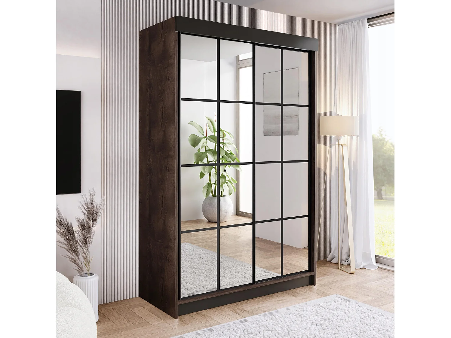 Armoire coulissante avec miroir BARI 2 frêne foncé 150