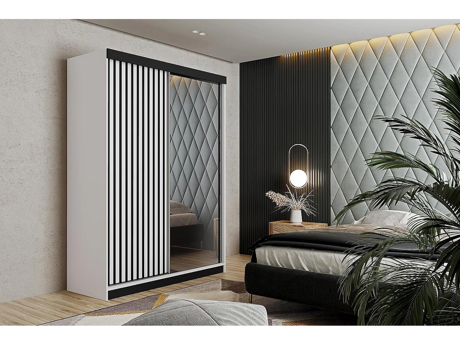 Armoire coulissante avec miroir et lames MALANI 138 - Blanche