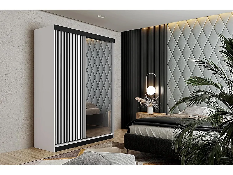 Armoire coulissante avec miroir et lames MALANI 138 - Blanche