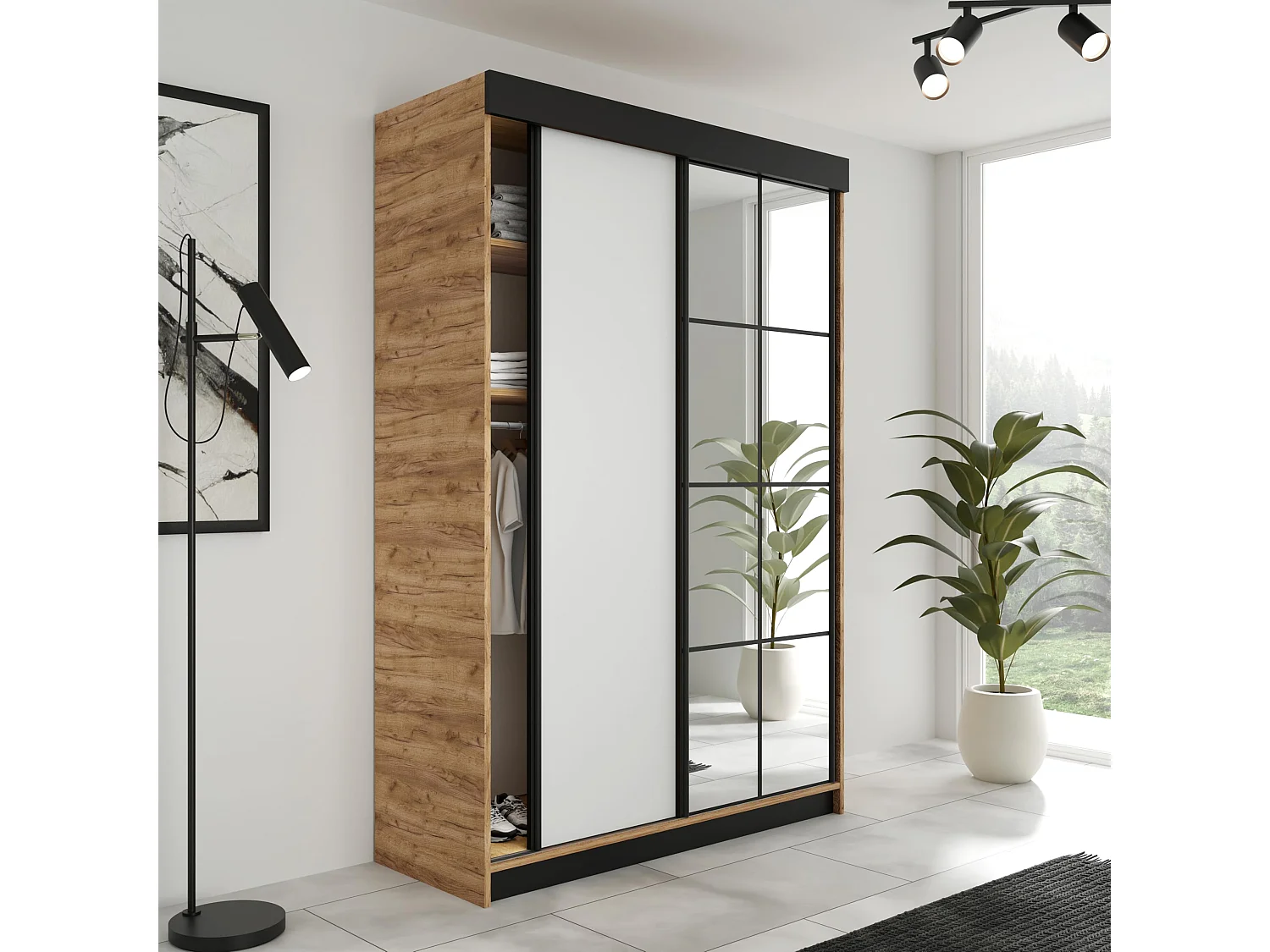 Armoire coulissante LAMARO 138 chêne Craft/blanc