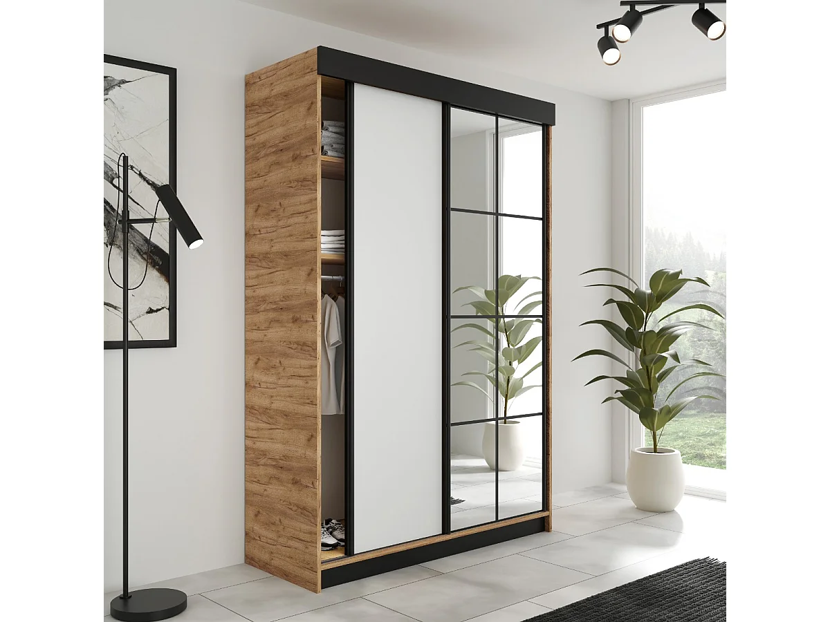 Szafa przesuwna LAMARO – 138x205x59 cm – dąb craft złoty i biały
