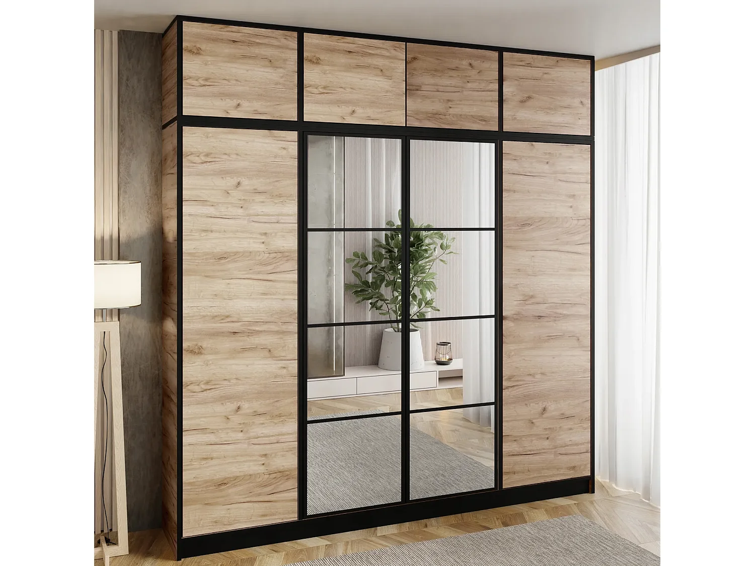 Armoire quatre portes avec miroir MODÈLE 1 COSTA 4D CHÊNE CRAFT DORÉ avec surmeuble