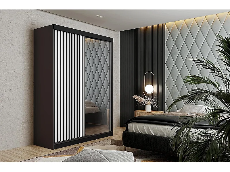 Armoire coulissante avec miroir et lames MALANI 138 – Graphite + Blanc