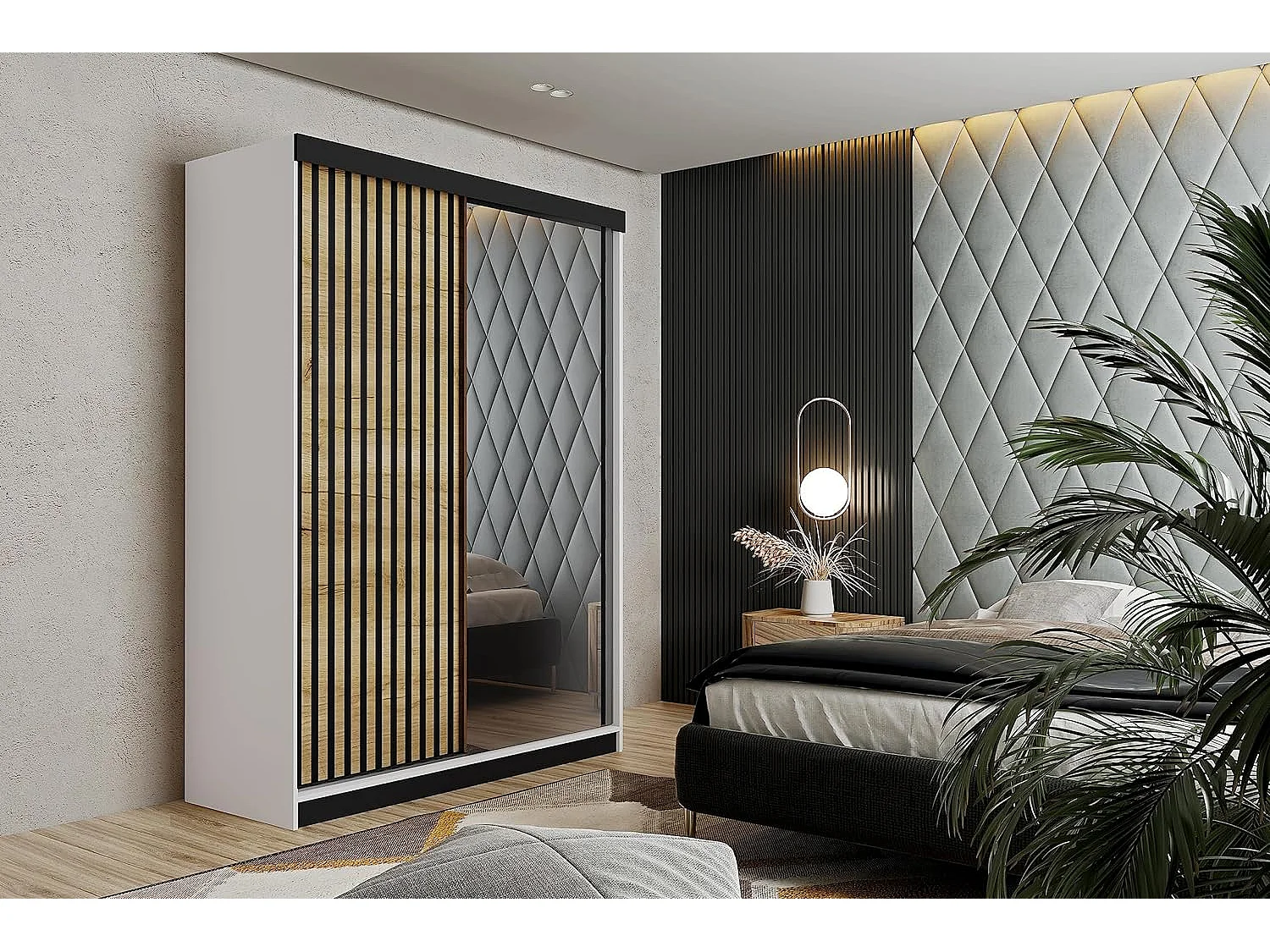 Armoire coulissante avec miroir et lames MALANI 138 - Blanche + Chêne Craft Doré