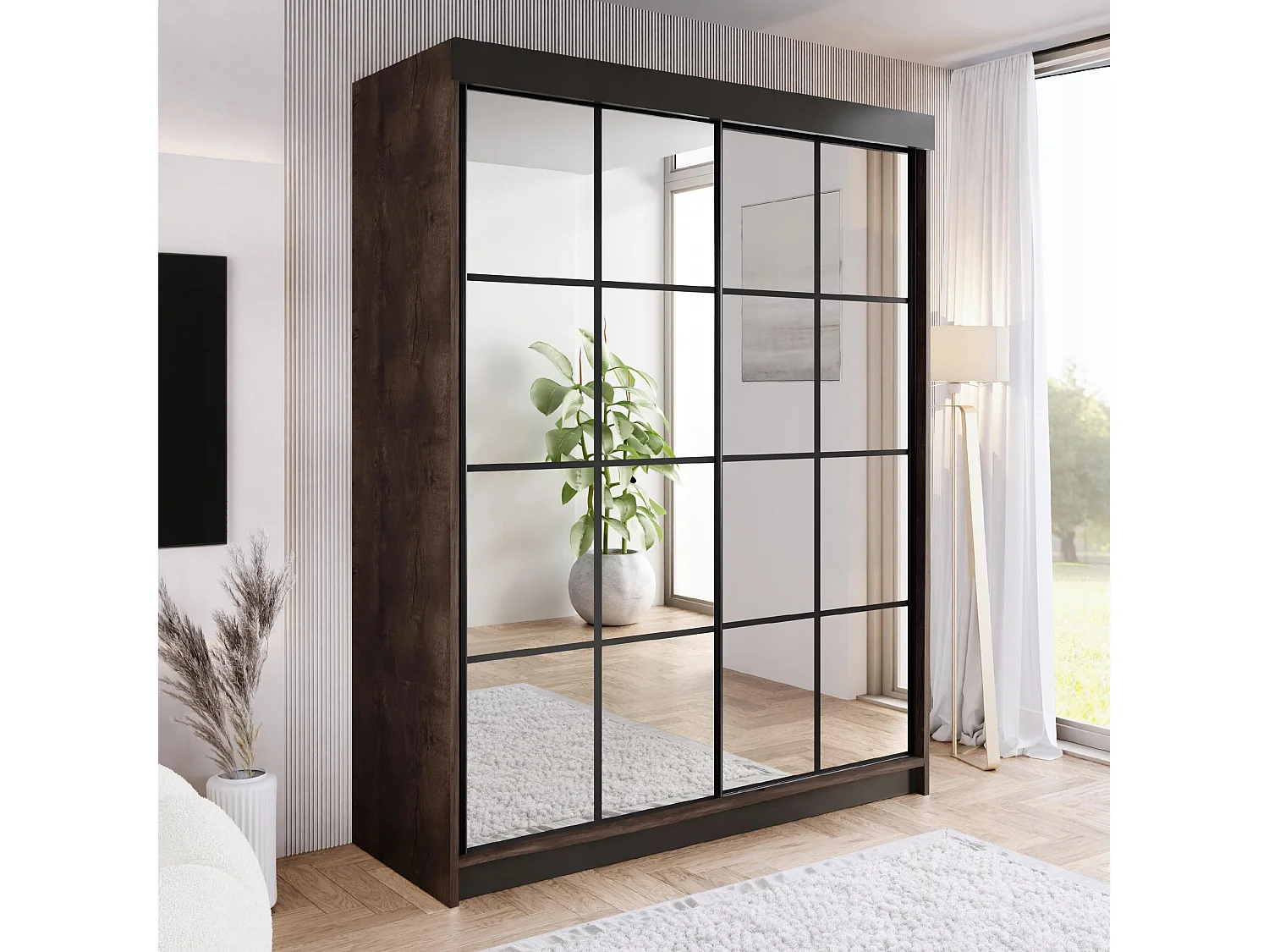 Armoire coulissante avec miroir BARI 2 frêne foncé 200