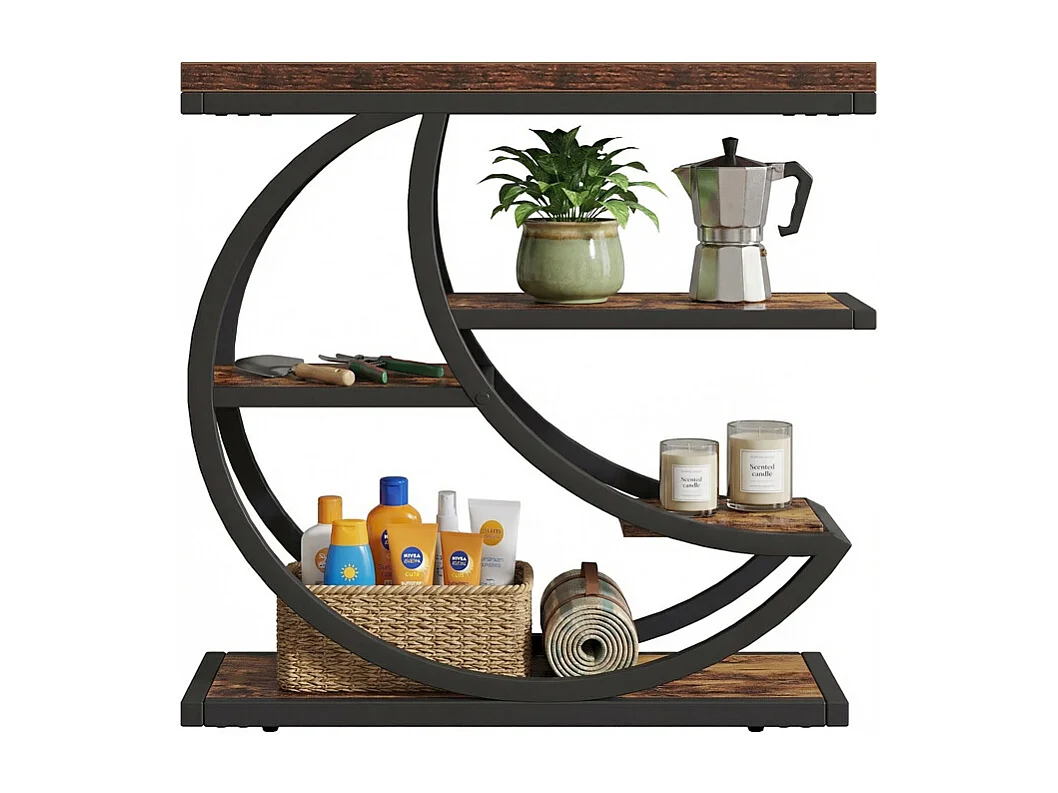 Table d'Appoint Demi-Lune 3 Niveaux– Étagère Métal Marron Rustique, pour Salon et Chambre, 60x30x66 cm,Industrielle
