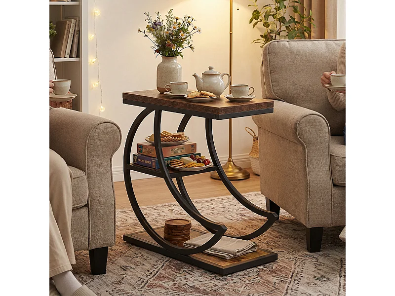 Table d'Appoint Demi-Lune 3 Niveaux– Étagère Métal Marron Rustique, pour Salon et Chambre, 60x30x66 cm,Industrielle