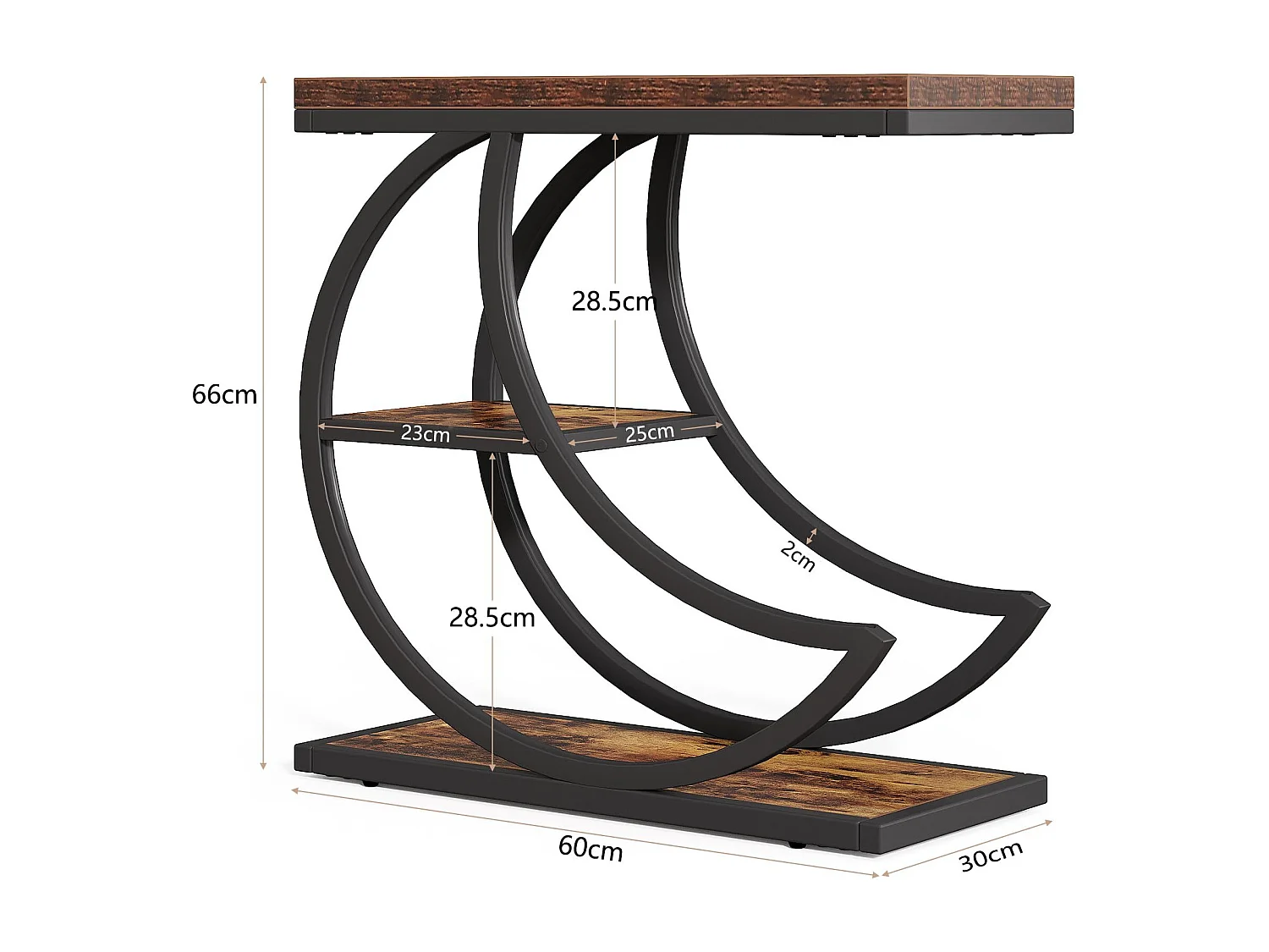 Table d'Appoint Demi-Lune 3 Niveaux– Étagère Métal Marron Rustique, pour Salon et Chambre, 60x30x66 cm,Industrielle