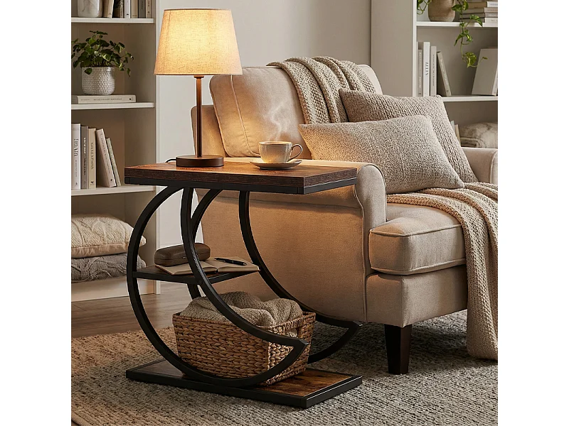 Table d'Appoint Demi-Lune 3 Niveaux– Étagère Métal Marron Rustique, pour Salon et Chambre, 60x30x66 cm,Industrielle