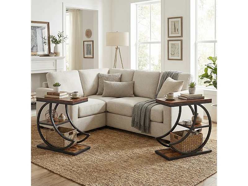 Table d'Appoint Demi-Lune 3 Niveaux– Étagère Métal Marron Rustique, pour Salon et Chambre, 60x30x66 cm,Industrielle