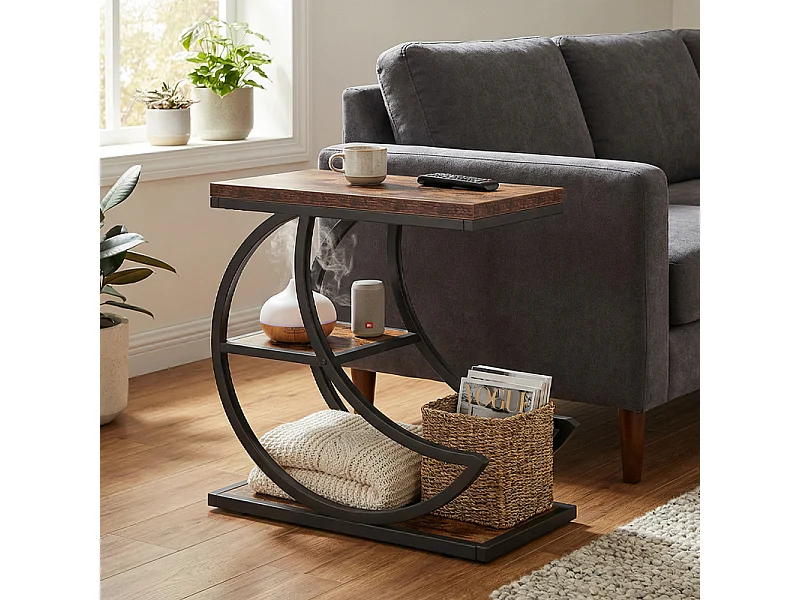 Table d'Appoint Demi-Lune 3 Niveaux– Étagère Métal Marron Rustique, pour Salon et Chambre, 60x30x66 cm,Industrielle