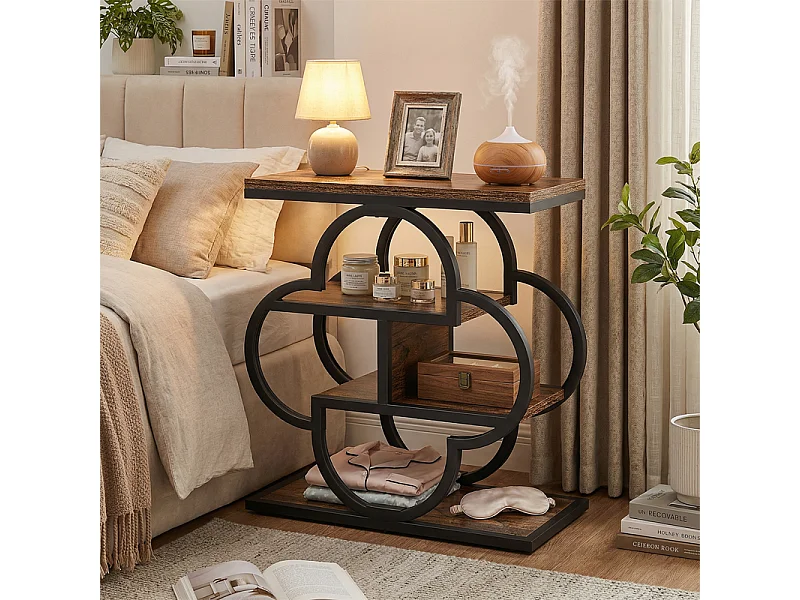 Table d'appoint à quatre niveaux - Structure métallique courbée - Table basse de rangement, table de chevet - Marron noir