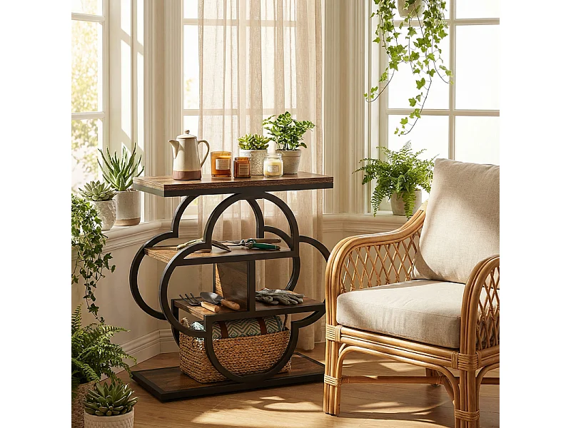 Table d'appoint à quatre niveaux - Structure métallique courbée - Table basse de rangement, table de chevet - Marron noir