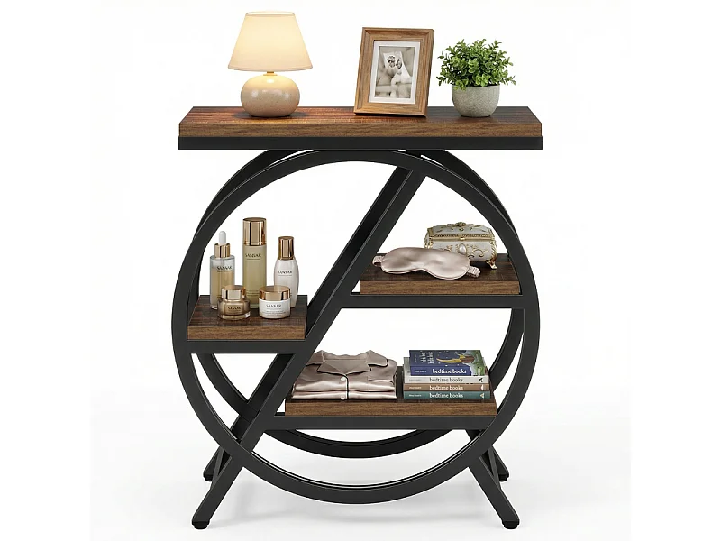 Table d'appoint à trois niveaux - Structure en métal - Table basse de rangement, table de chevet, table de canapé - Marron et noir