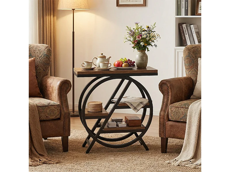 Table d'appoint à trois niveaux - Structure en métal - Table basse de rangement, table de chevet, table de canapé - Marron et noir