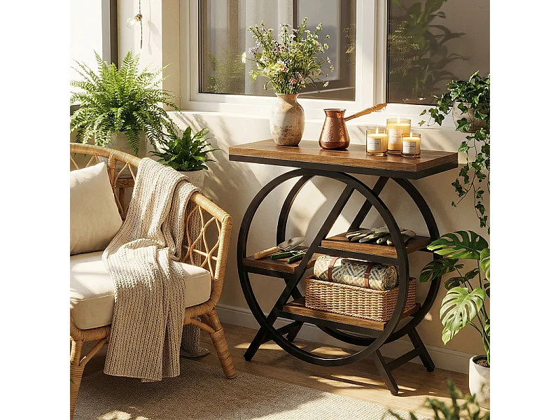 Table d'appoint à trois niveaux - Structure en métal - Table basse de rangement, table de chevet, table de canapé - Marron et noir