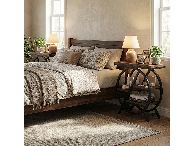 Table d'appoint à trois niveaux - Structure en métal - Table basse de rangement, table de chevet, table de canapé - Marron et noir