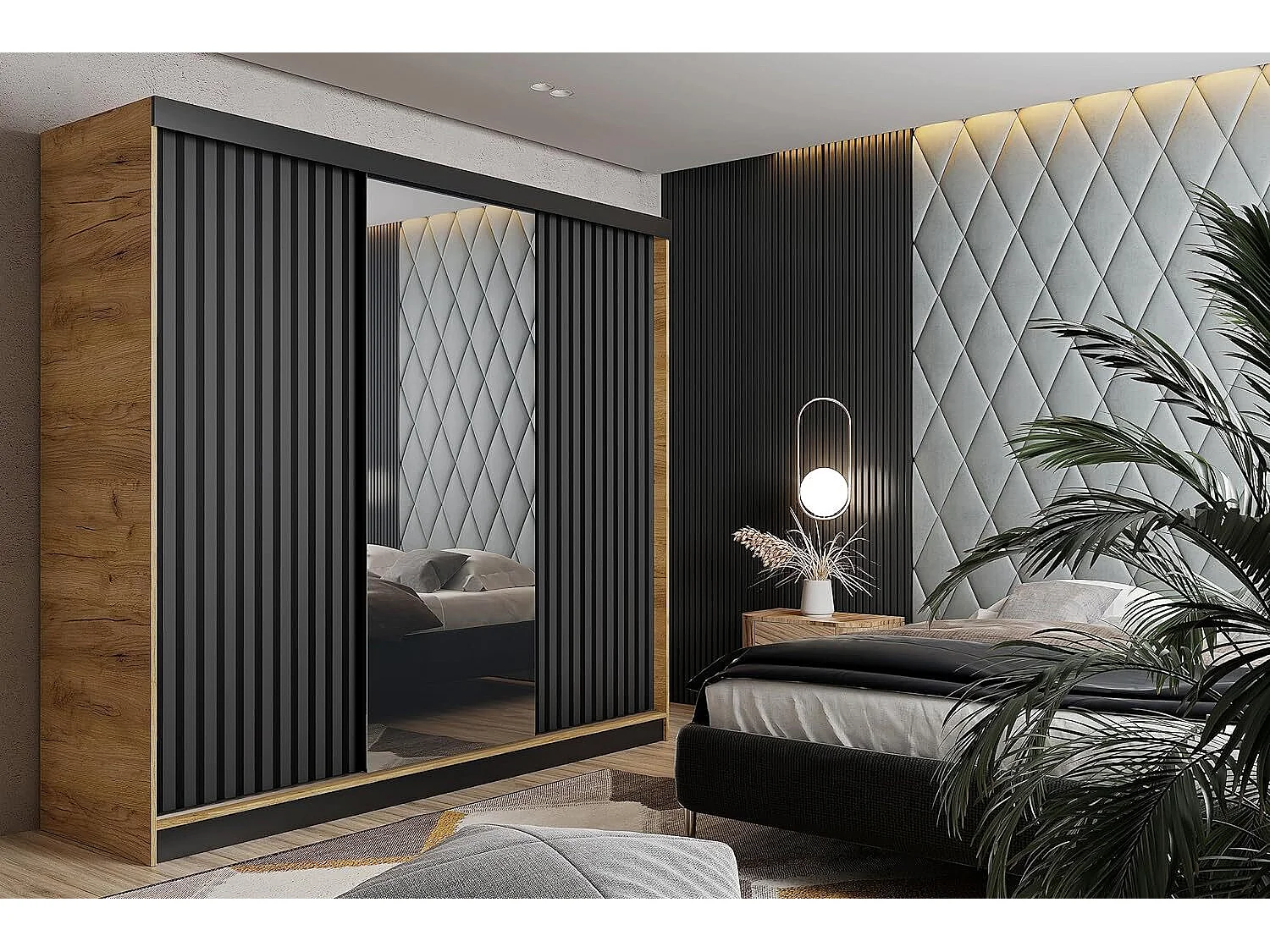 Armoire coulissante avec miroir et lames MALANI 200 - Chêne Craft Doré + Graphite
