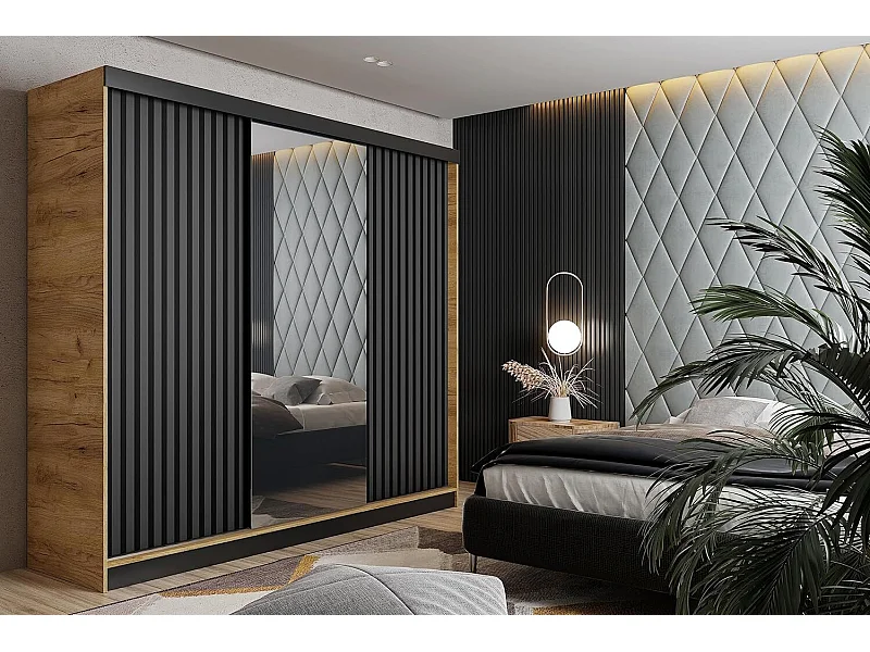 Armoire coulissante avec miroir et lames MALANI 200 - Chêne Craft Doré + Graphite