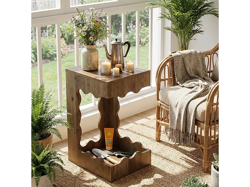 Table d'Appoint en Forme de C - Table de Chevet 2 Étages Compacte pour Canapé et Fauteuil, Marron, 44x35x65 cm