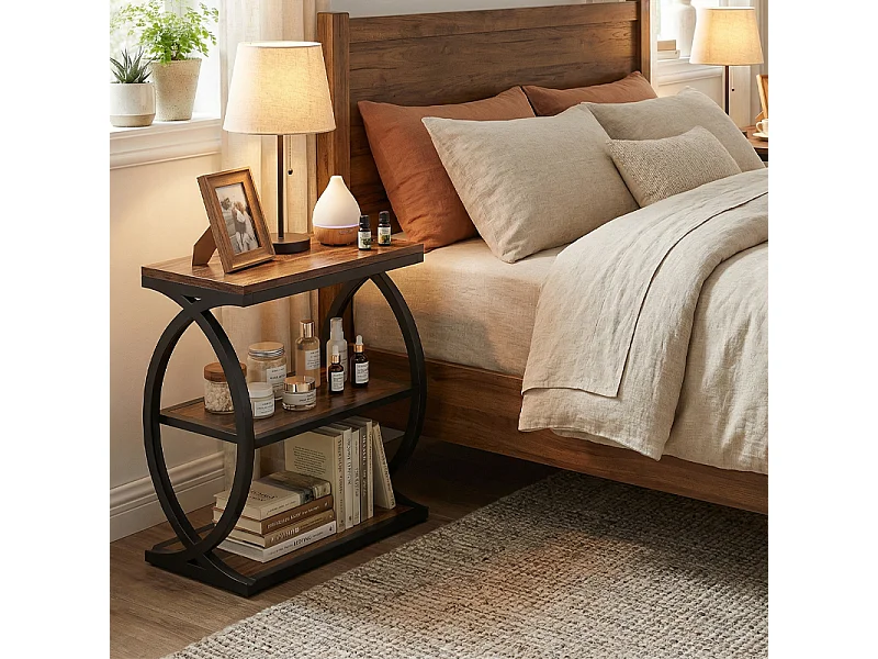 Table d'Appoint Étroite 3 Niveaux– Table de Chevet Industrielle en Bois et Métal, Marron Rustique pour Petits Espaces, 60x30x60 cm