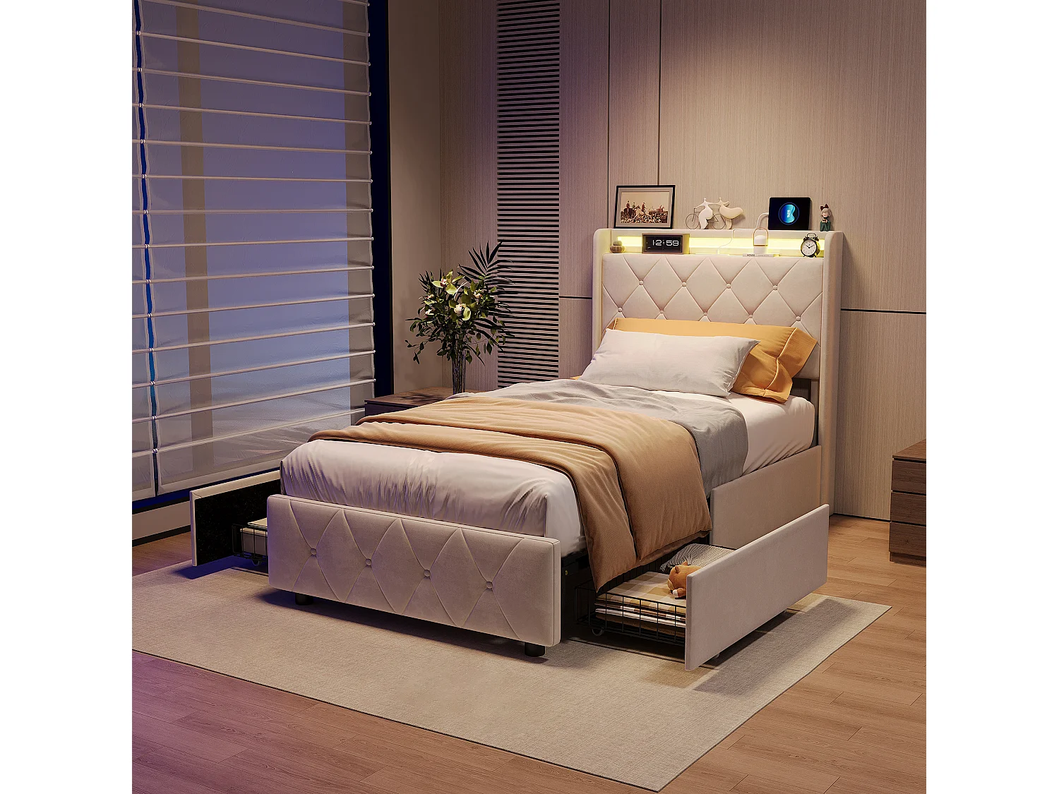 Lit 90x200 avec tiroirs, lit adulte, lit rembourré, sommier à lattes, éclairage LED, chargement USB, beige