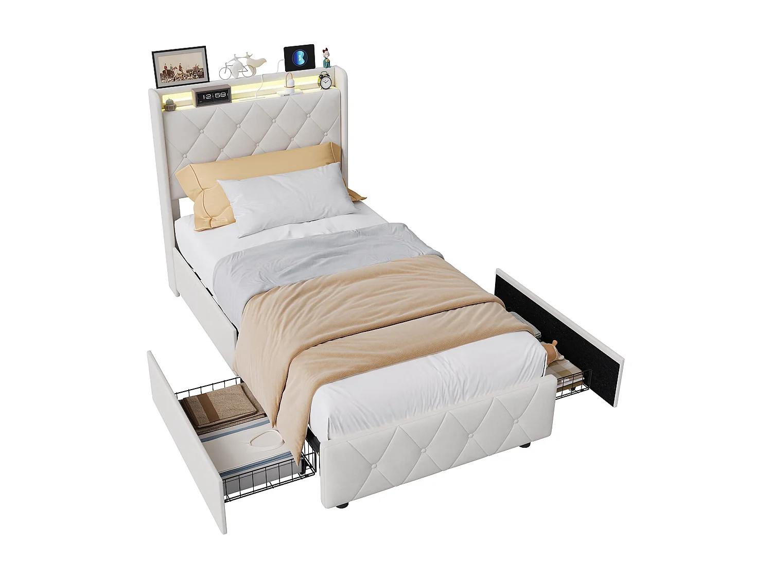 Lit 90x200 avec tiroirs, lit adulte, lit rembourré, sommier à lattes, éclairage LED, chargement USB, beige