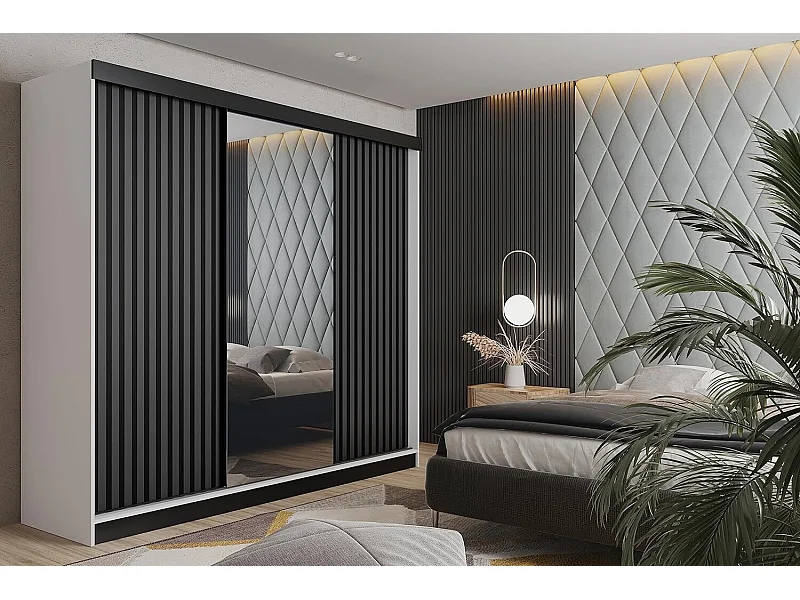 Armoire coulissante avec miroir et lames MALANI 200 - Blanche + Graphite