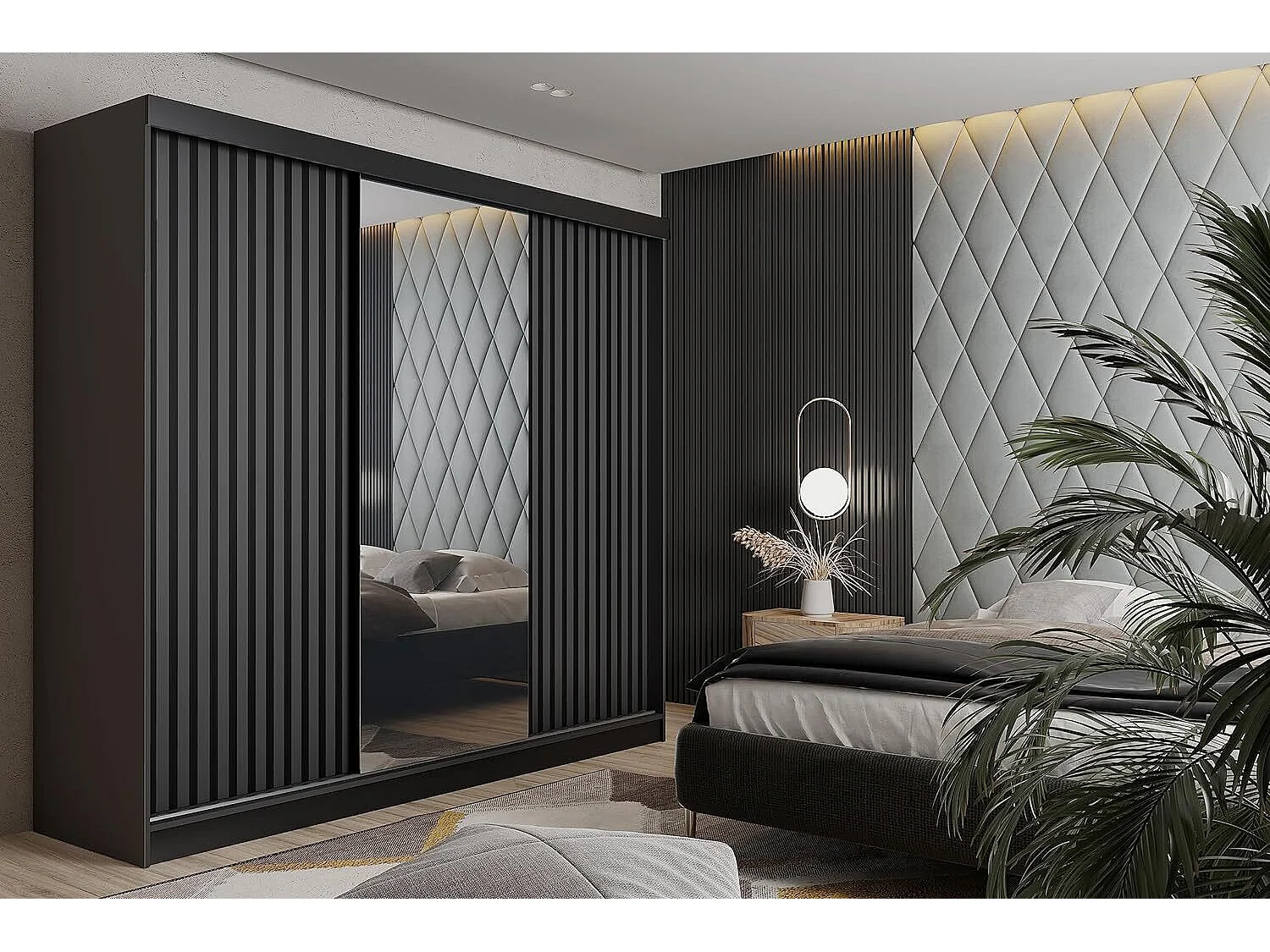 Schuifdeurkast met spiegel en lamellen MALANI 200 - Grafiet Antraciet