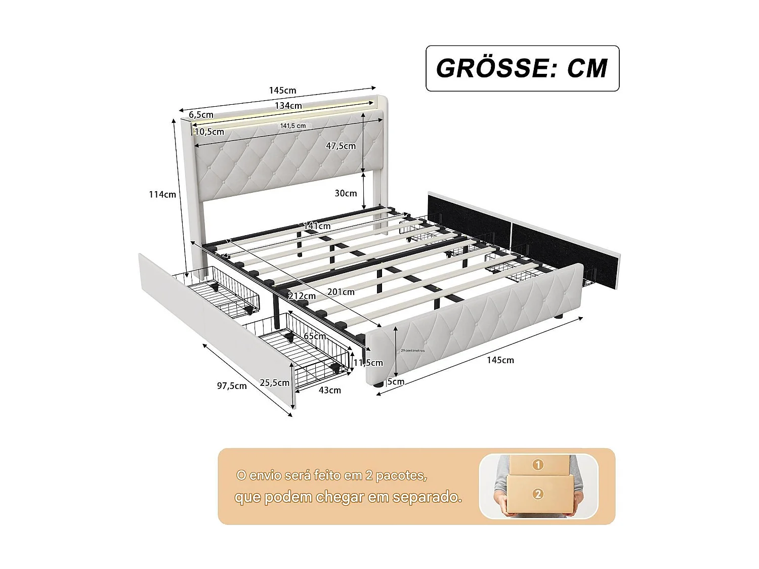 Lit double 140x200 avec tiroirs, lit adulte, lit rembourré, sommier à lattes, éclairage LED, chargement USB, beige