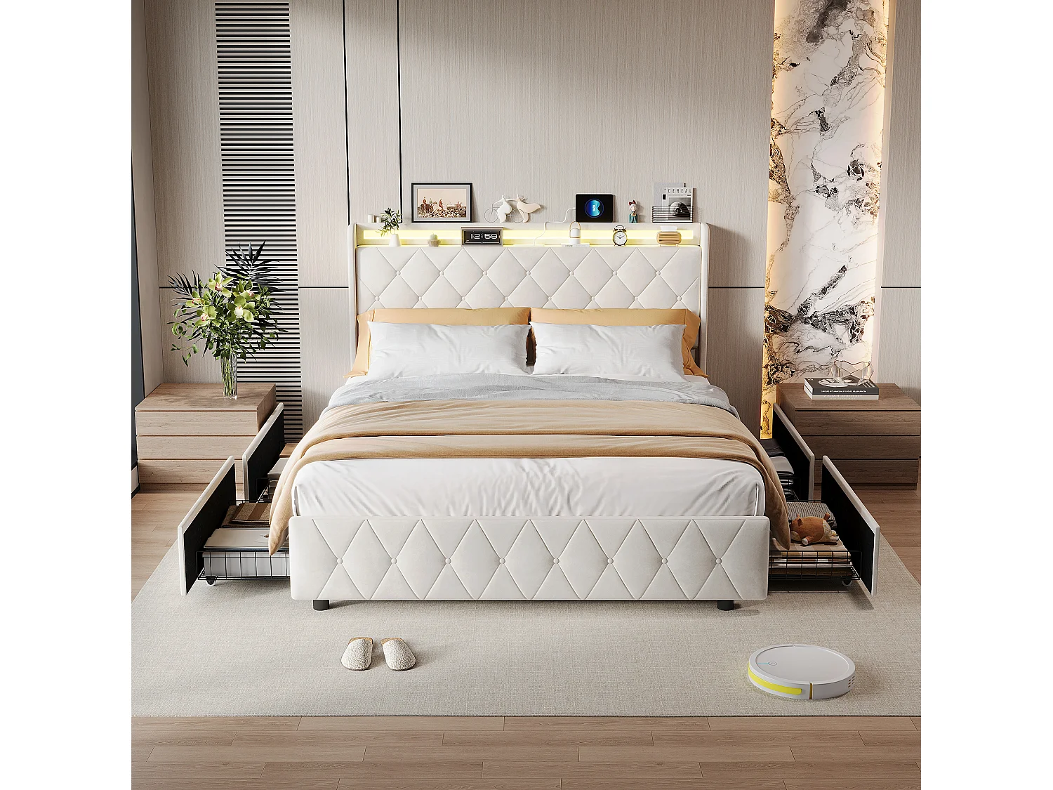 Lit double 140x200 avec tiroirs, lit adulte, lit rembourré, sommier à lattes, éclairage LED, chargement USB, beige
