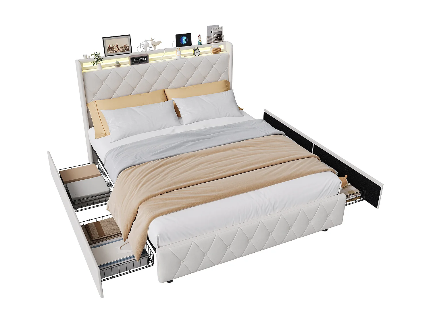 Lit double 140x200 avec tiroirs, lit adulte, lit rembourré, sommier à lattes, éclairage LED, chargement USB, beige