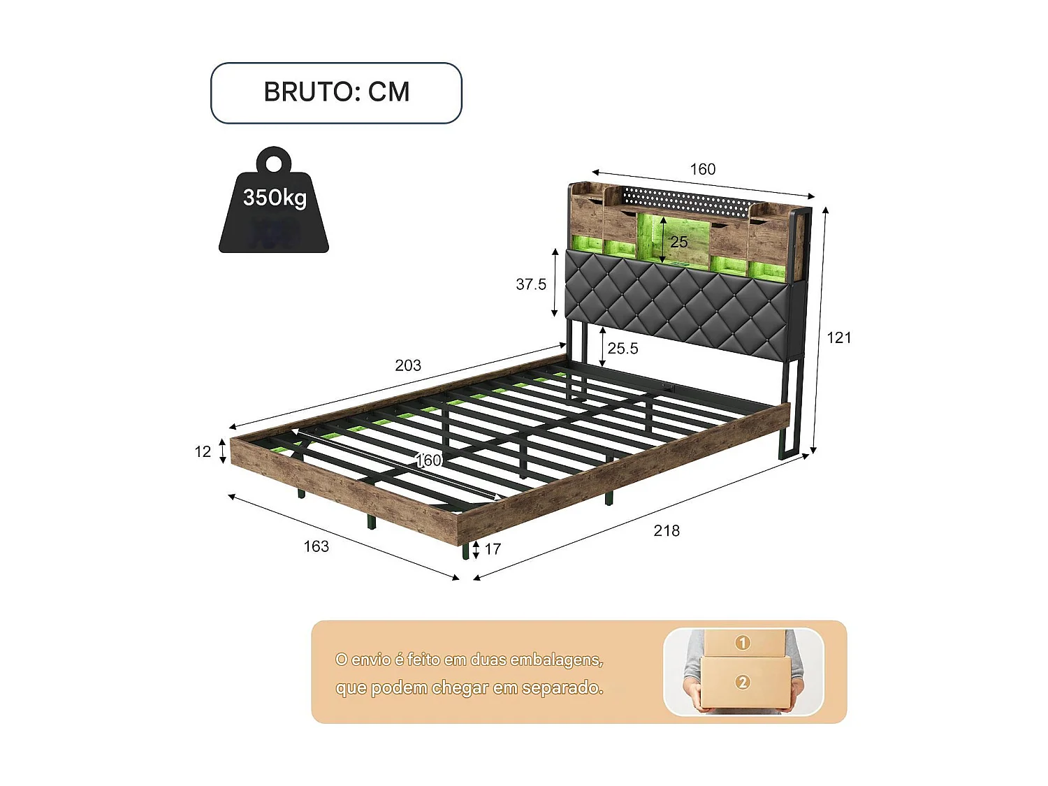 Lit adulte 160x200 cm - tête de lit avec rangement, éclairage LED et support de prise.