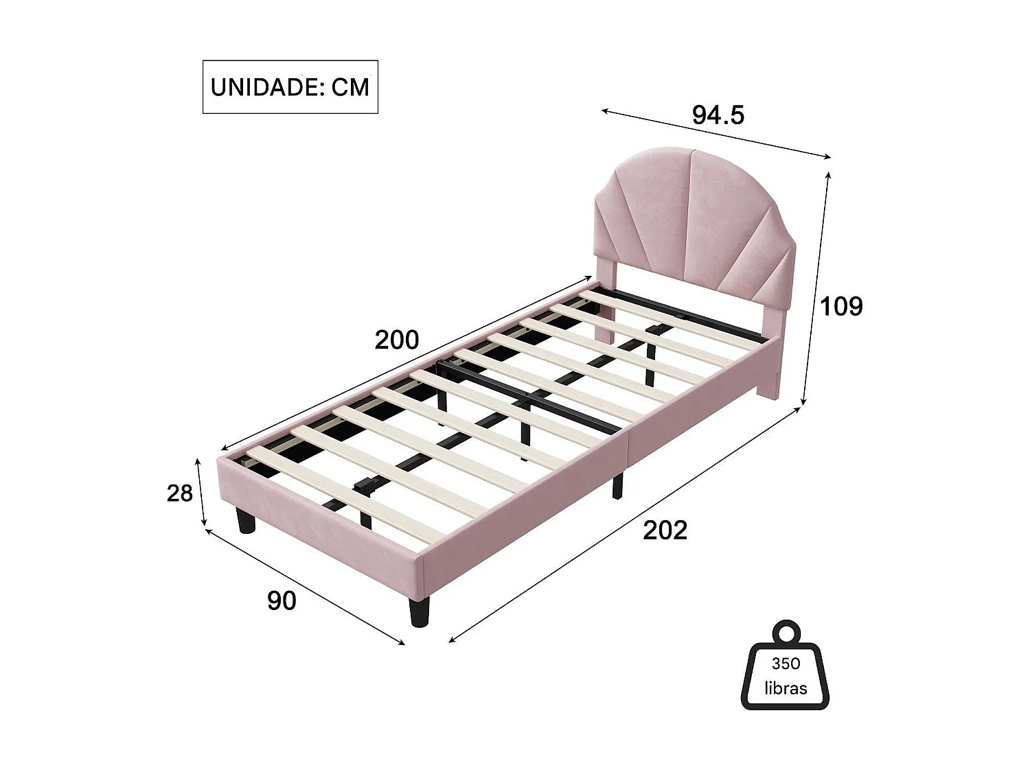 Lit enfant 90x190cm, tête de lit réglable, en velours rose.