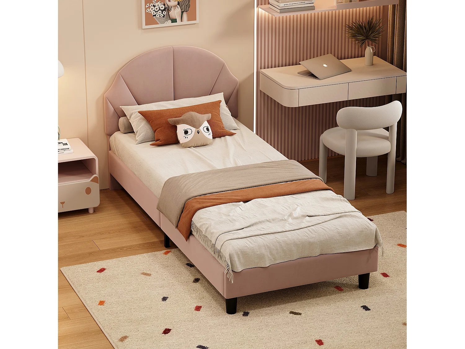 Lit enfant 90x190cm, tête de lit réglable, en velours rose.