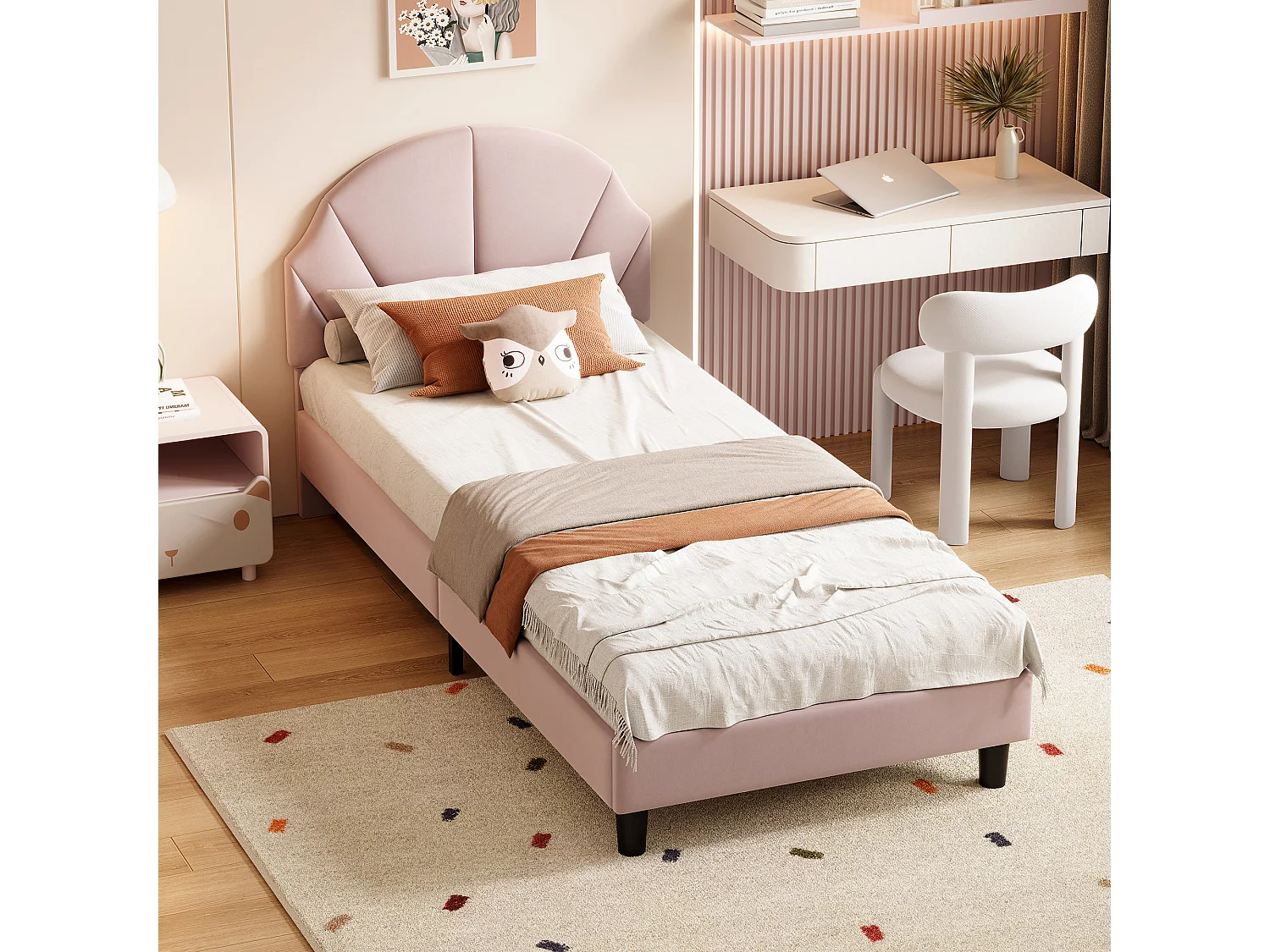 Lit enfant 90x190cm, tête de lit réglable, en velours rose.