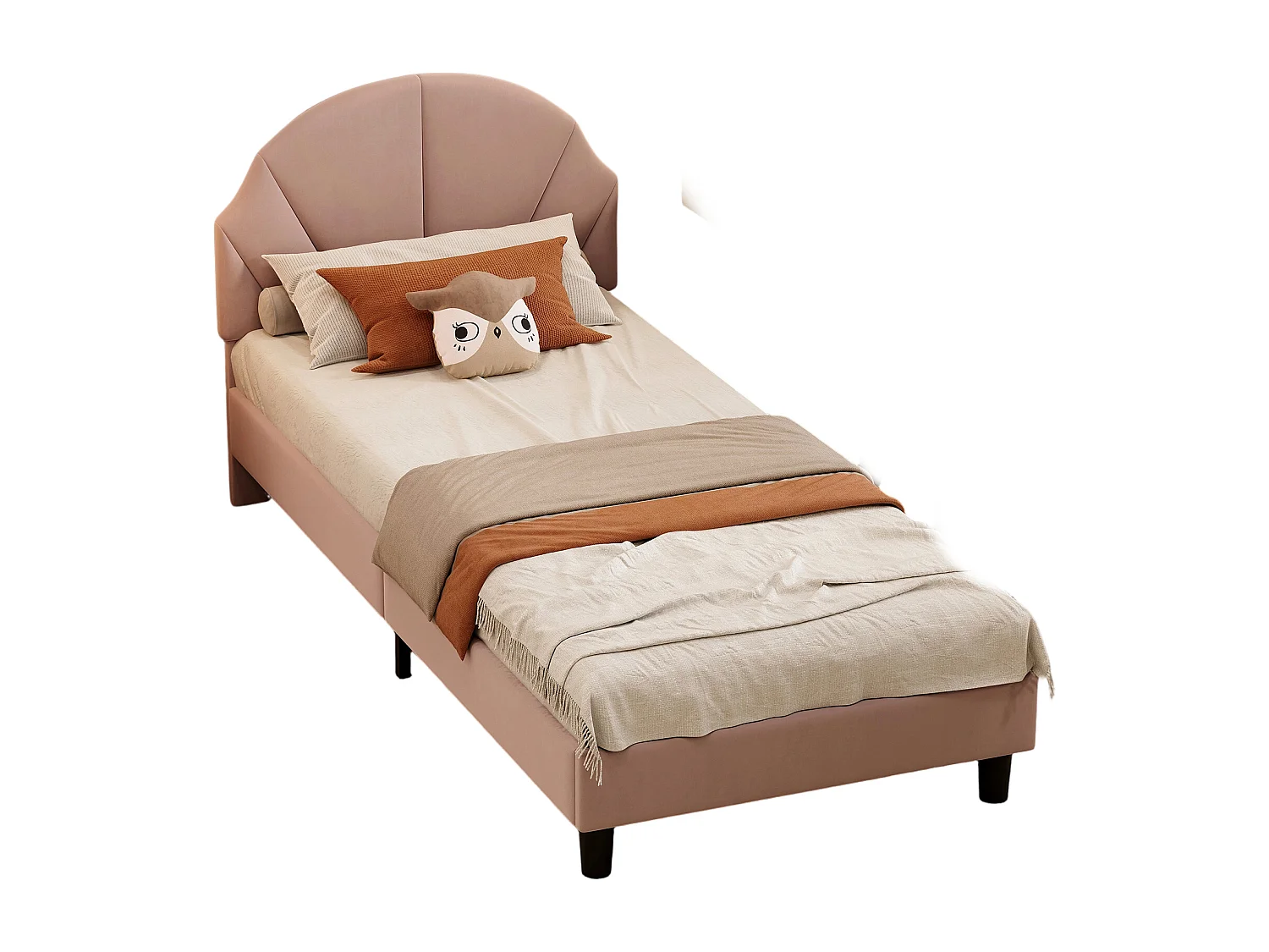 Lit enfant 90x190cm, tête de lit réglable, en velours rose.