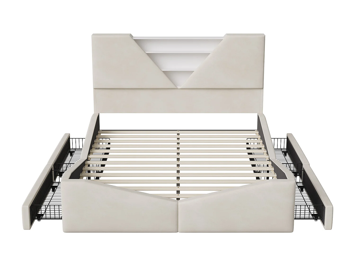 Lit 140 x 190 cm avec tête de lit triangulaire et espace de rangement, éclairage LED réglable, tissu velouté, style moderne et minimaliste - Beige