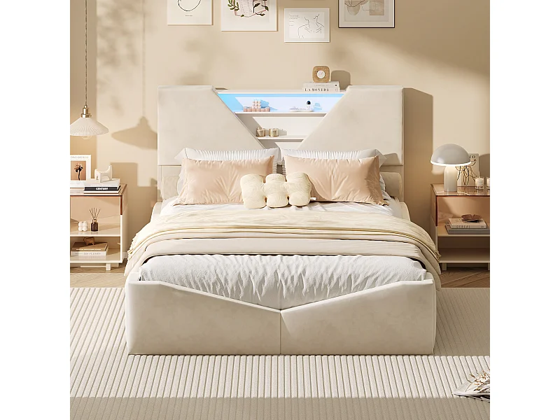 Lit 140 x 190 cm avec tête de lit triangulaire et espace de rangement, éclairage LED réglable, tissu velouté, style moderne et minimaliste - Beige