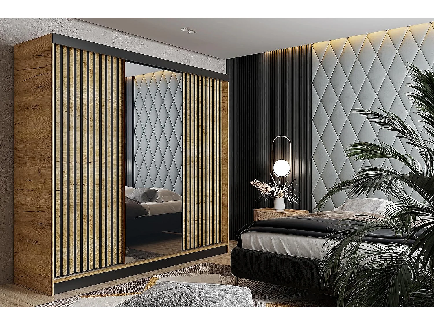 Armoire coulissante avec miroir et lames MALANI 200 - Chêne Craft Doré